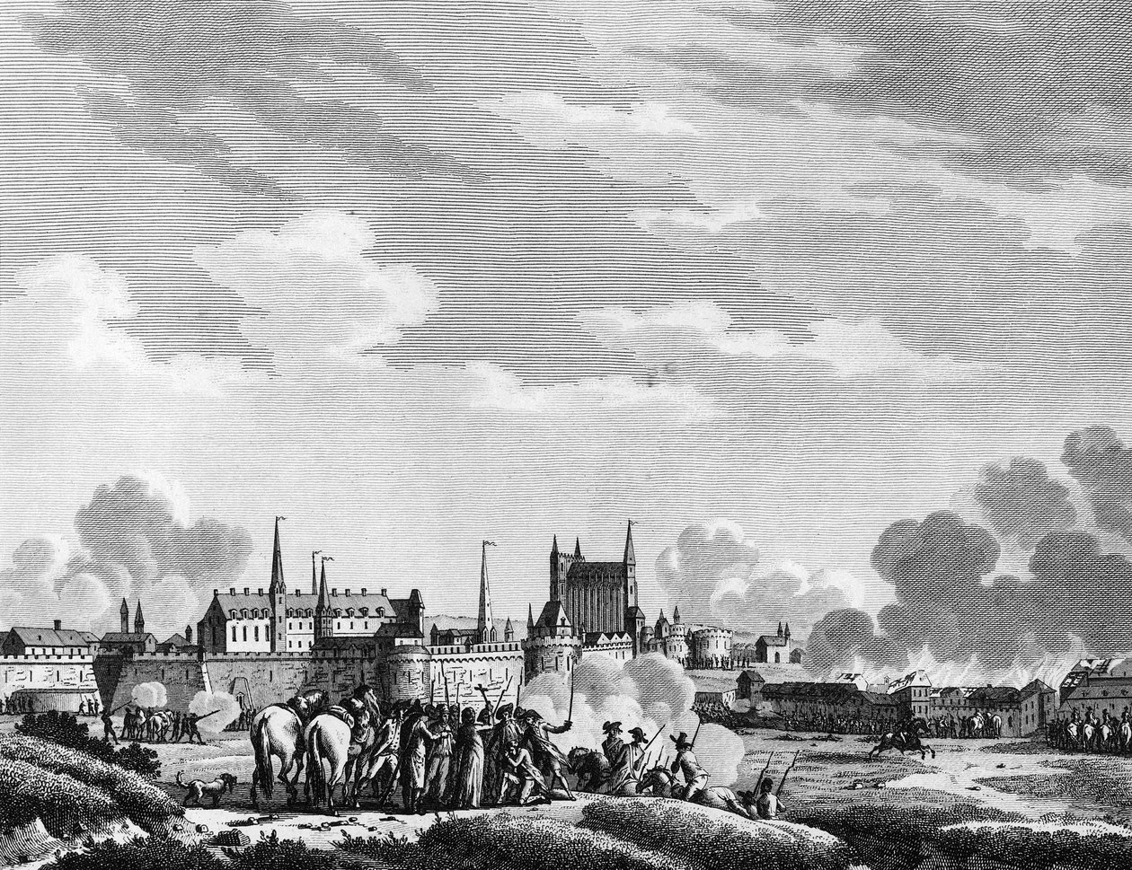 Rivoluzione francese: Attacco di Nantes da parte dei Vandeani il 29 giugno 1793. Incisione di Berthaut dopo Swebach. Parigi, Biblioteca dell