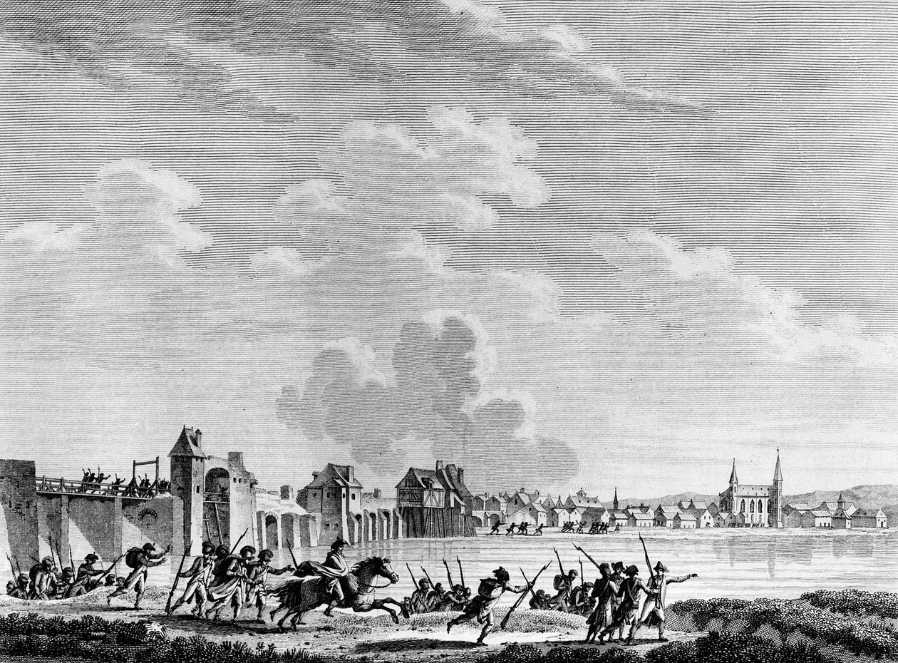 Rivoluzione Francese: Deroute de Passy (Pacy sur Eure) il 13 luglio 1793. Incisione di Berthaut dopo Swebach. Parigi, Biblioteca dell