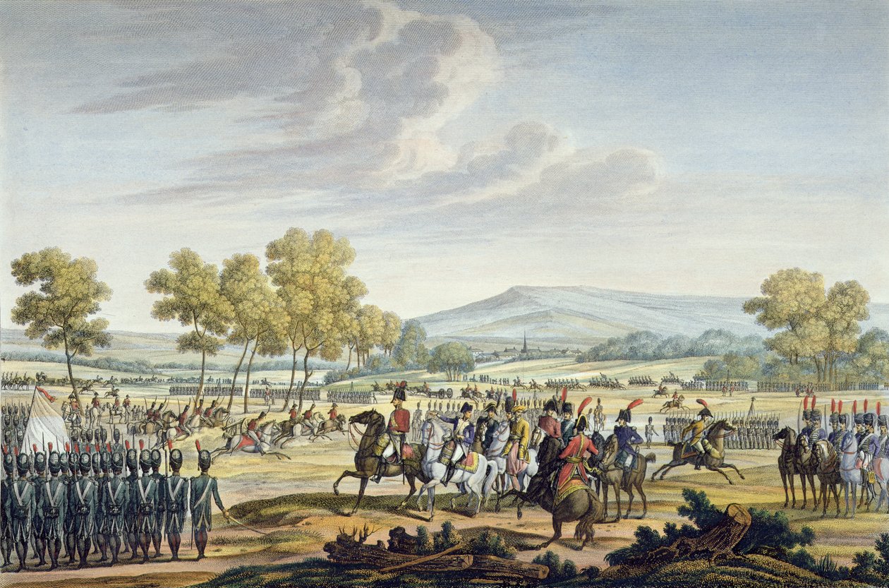 La Guardia Imperiale che manovra alla presenza dei due imperatori a Tilsit, 28 giugno 1807, inciso da Edme Bovinet (1767-1832) da Jacques Francois Joseph Swebach