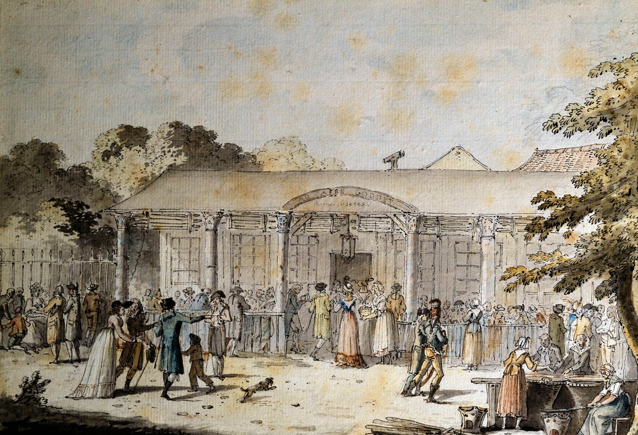 Vista del Cafe Goddet (o Godet), Boulevard du Temple, al tempo del Consolato da Jacques Francois Joseph Swebach