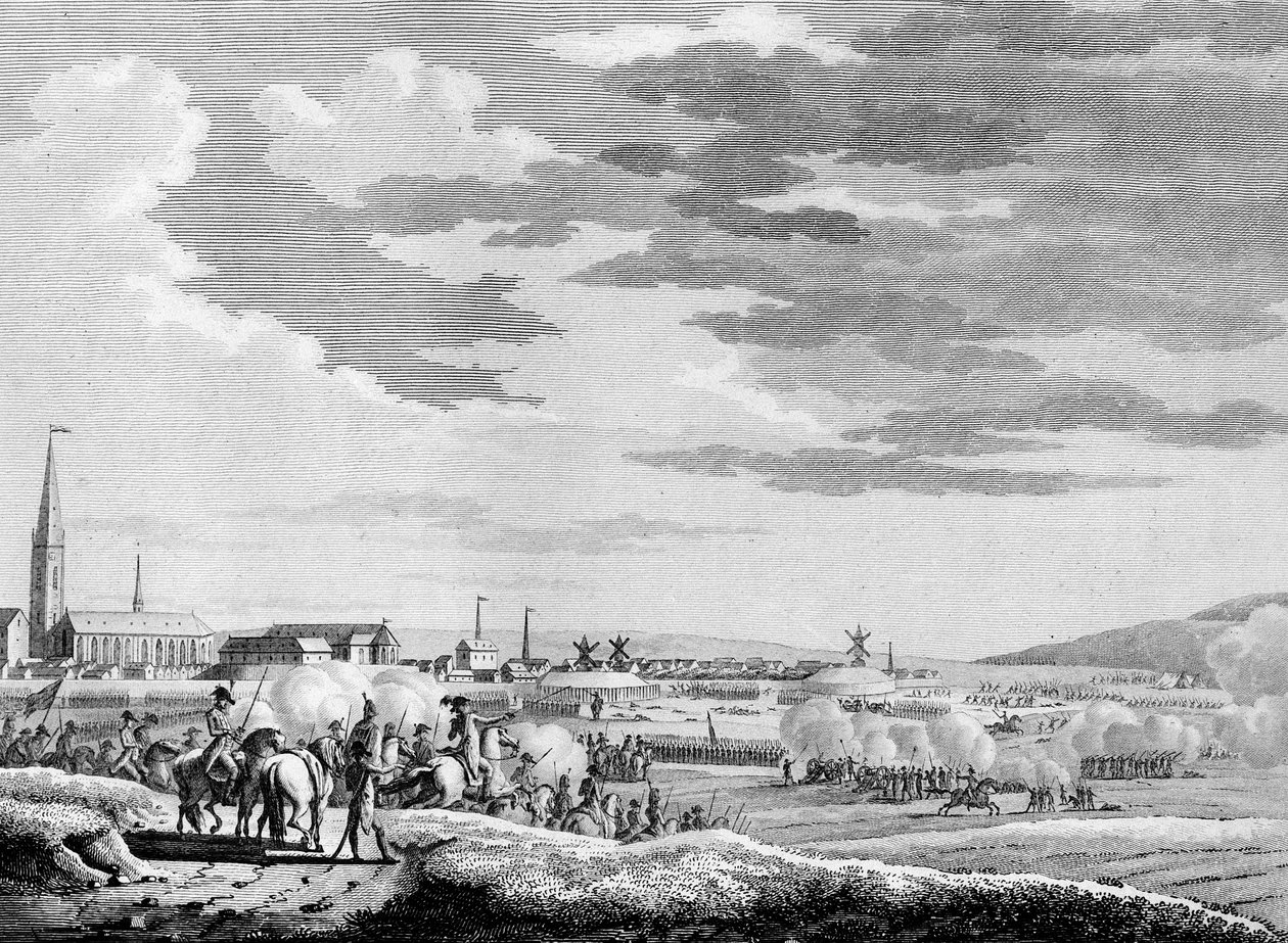 Guerra della Rivoluzione Francese e movimenti anti-rivoluzionari: Vittoria francese della Battaglia di Hondschoote vicino a Dunkerque contro le truppe anti-rivoluzionarie britanniche e austriache nel 1793. Incisione di Berthaut dopo Swebach. Parigi, Biblio da Jacques Francois Joseph Swebach