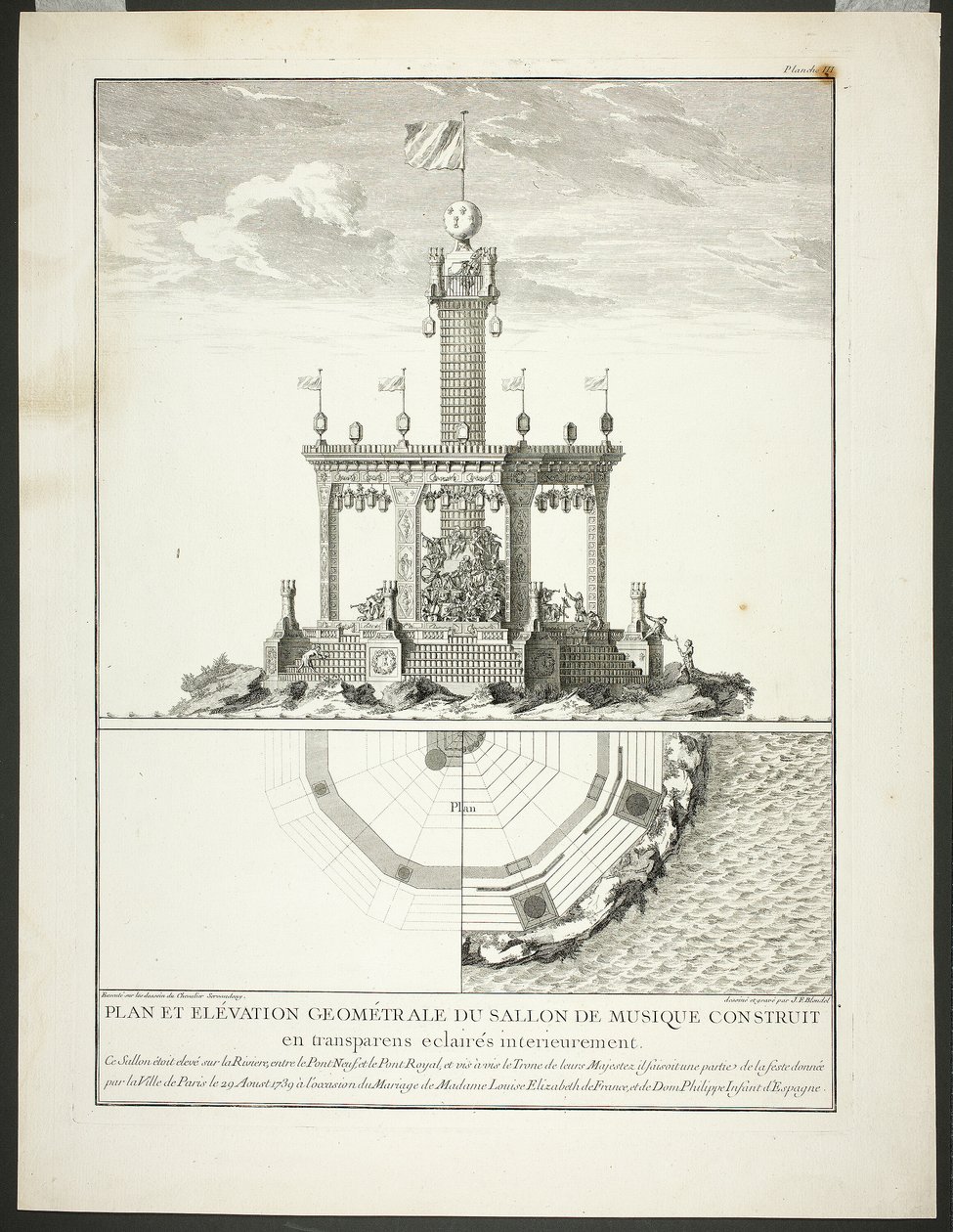 Pianta e prospetto di una sala da musica, tavola tre da Description des Festes Données par la Ville de Paris da Jacques François Blondel