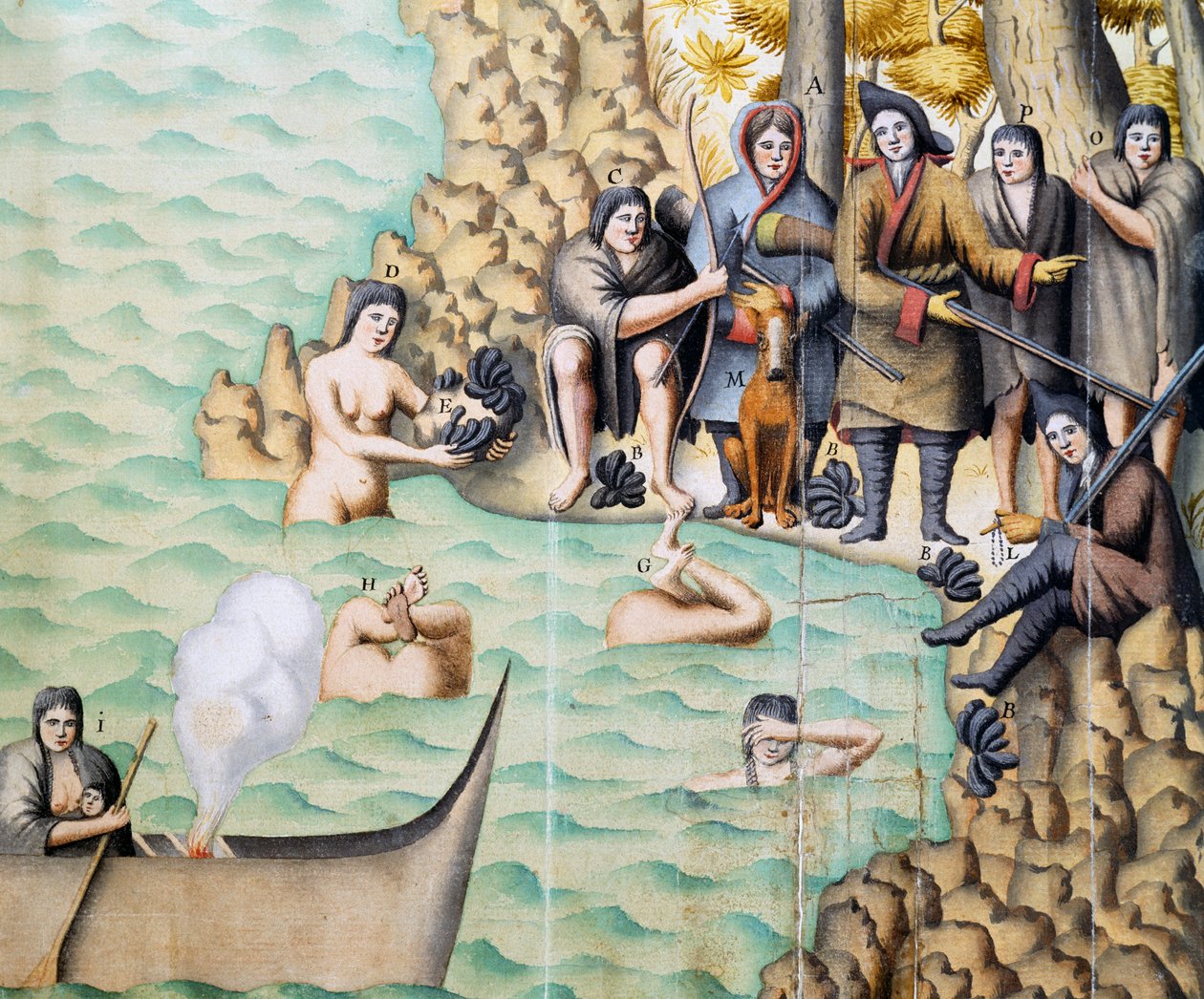Donne native che raccolgono molluschi nello Stretto di Magellano, acquerello di Duplessis creato durante il viaggio di Jacques Gouin de Beauchesne in Patagonia tra il 1698 e il 1701, Argentina da Jacques Gouin de Beauchesne