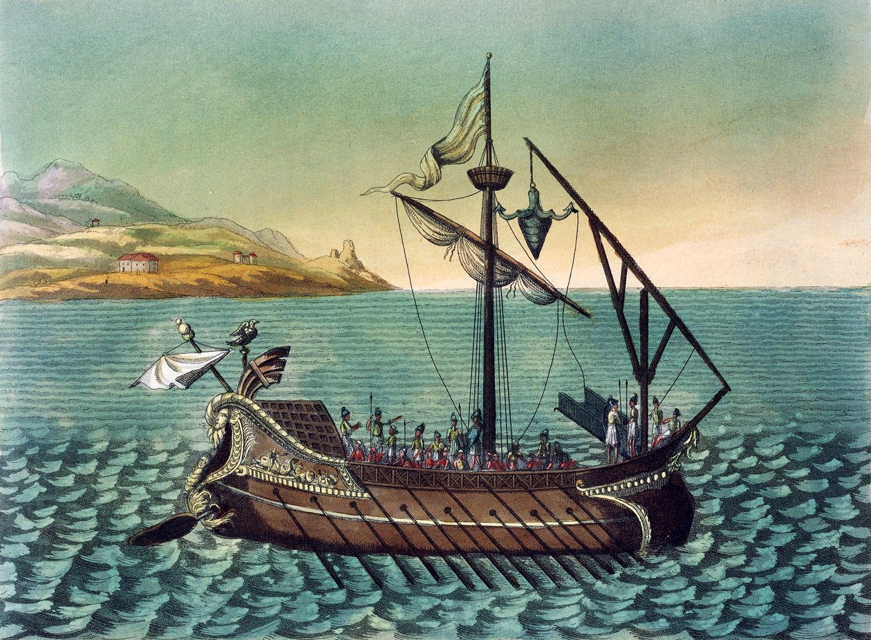 Duilio Corvo su nave da guerra romana, incisione da Antica Roma da Jacques Grasset de Saint Sauveur