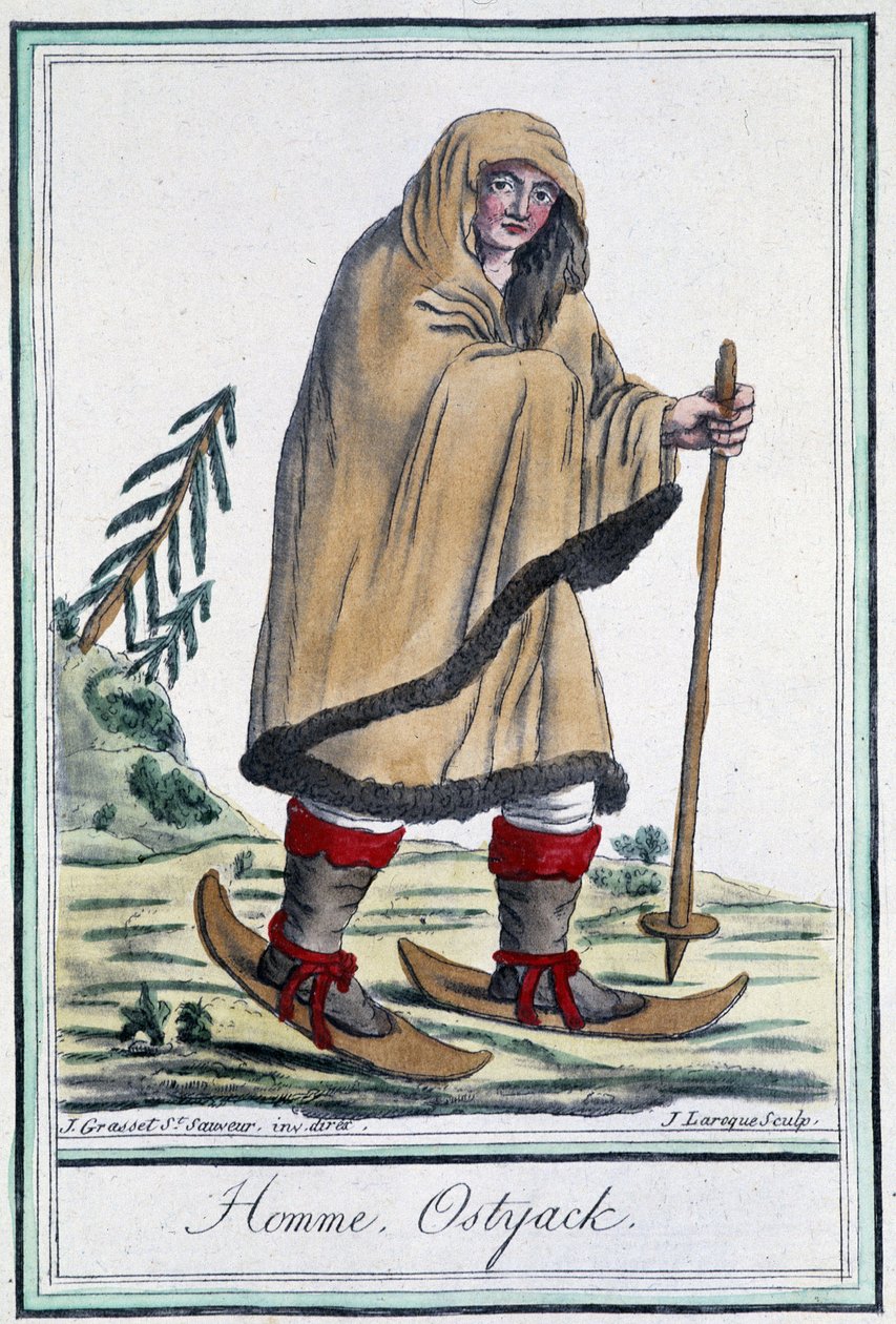 Uomo ostiaco sugli sci - in "Encyclopédie des voyages" di Grasset Saint Sauveur, ed. Parigi 1796 da Jacques Grasset de Saint Sauveur