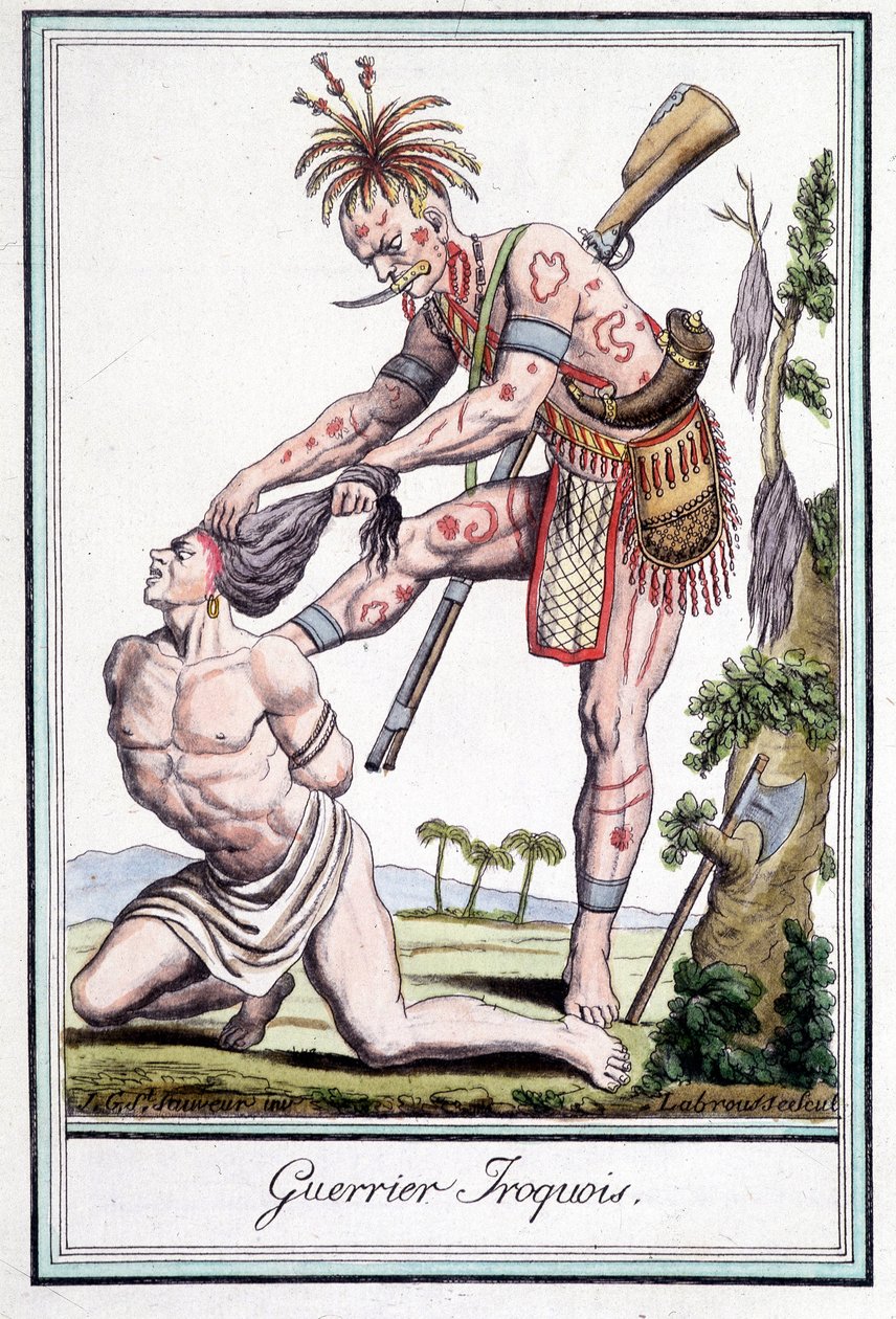 Guerriero Irochese che scalpa il suo nemico - in "Enciclopedia dei viaggi" di Grasset St Sauveur, Parigi da Jacques Grasset de Saint Sauveur
