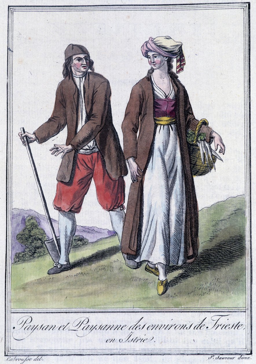 Contadino e contadina di Trieste, Italia - in "Enciclopedia dei viaggi" di Grasset St Sauveur, Parigi da Jacques Grasset de Saint Sauveur
