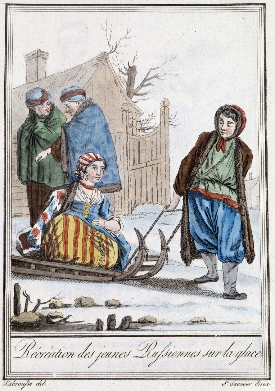 Ricreazione delle giovani russe su una slitta (Russi) - in "Enciclopedia dei viaggi" di Grasset Saint Sauveur, ed. Parigi 1796 da Jacques Grasset de Saint Sauveur