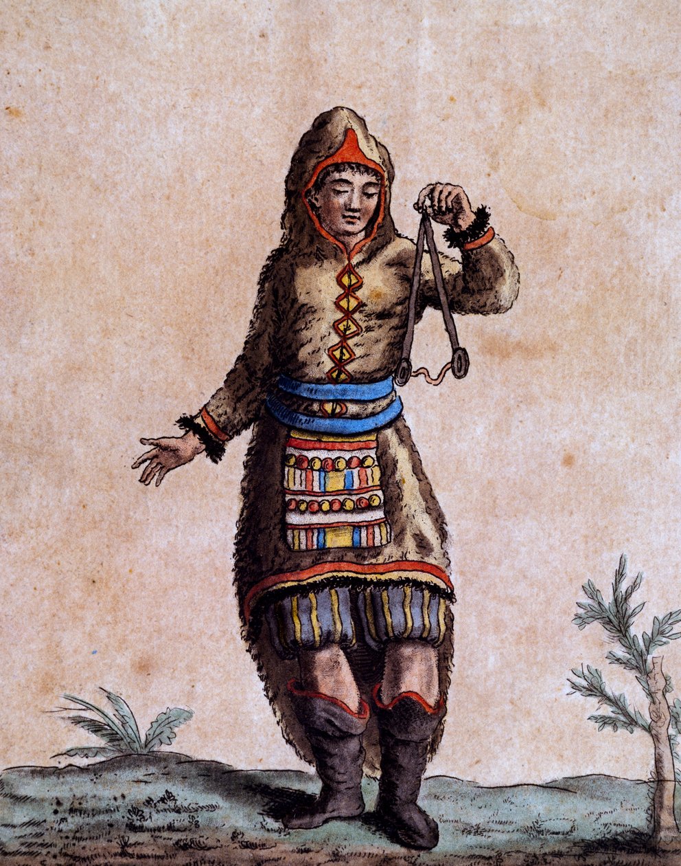 Donna della Baia di Hudson in costume tradizionale, incisione a colori di Laroque, dall