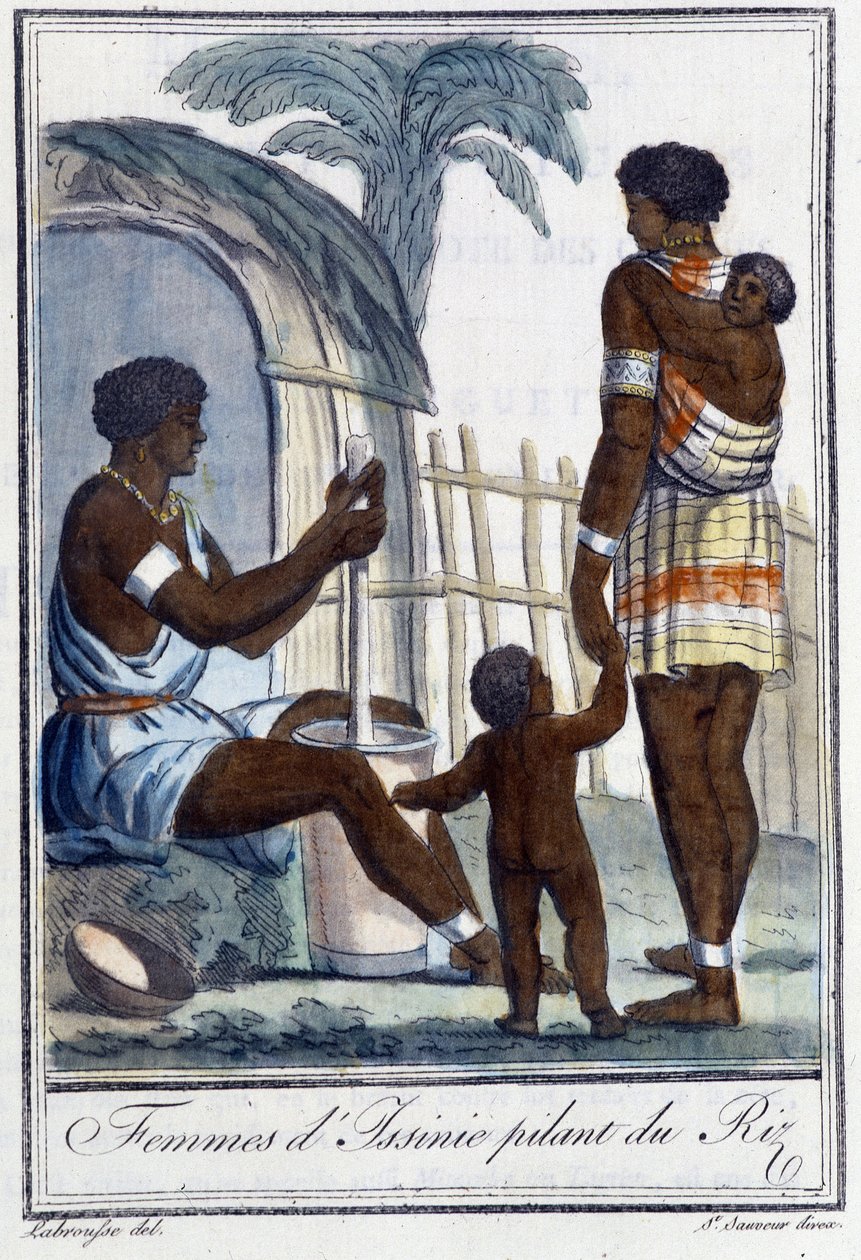 Donne di Issinie che pestano il riso - in "Enciclopedia dei viaggi" di Grasset St Sauveur, ed. 1796 da Jacques Grasset de Saint Sauveur
