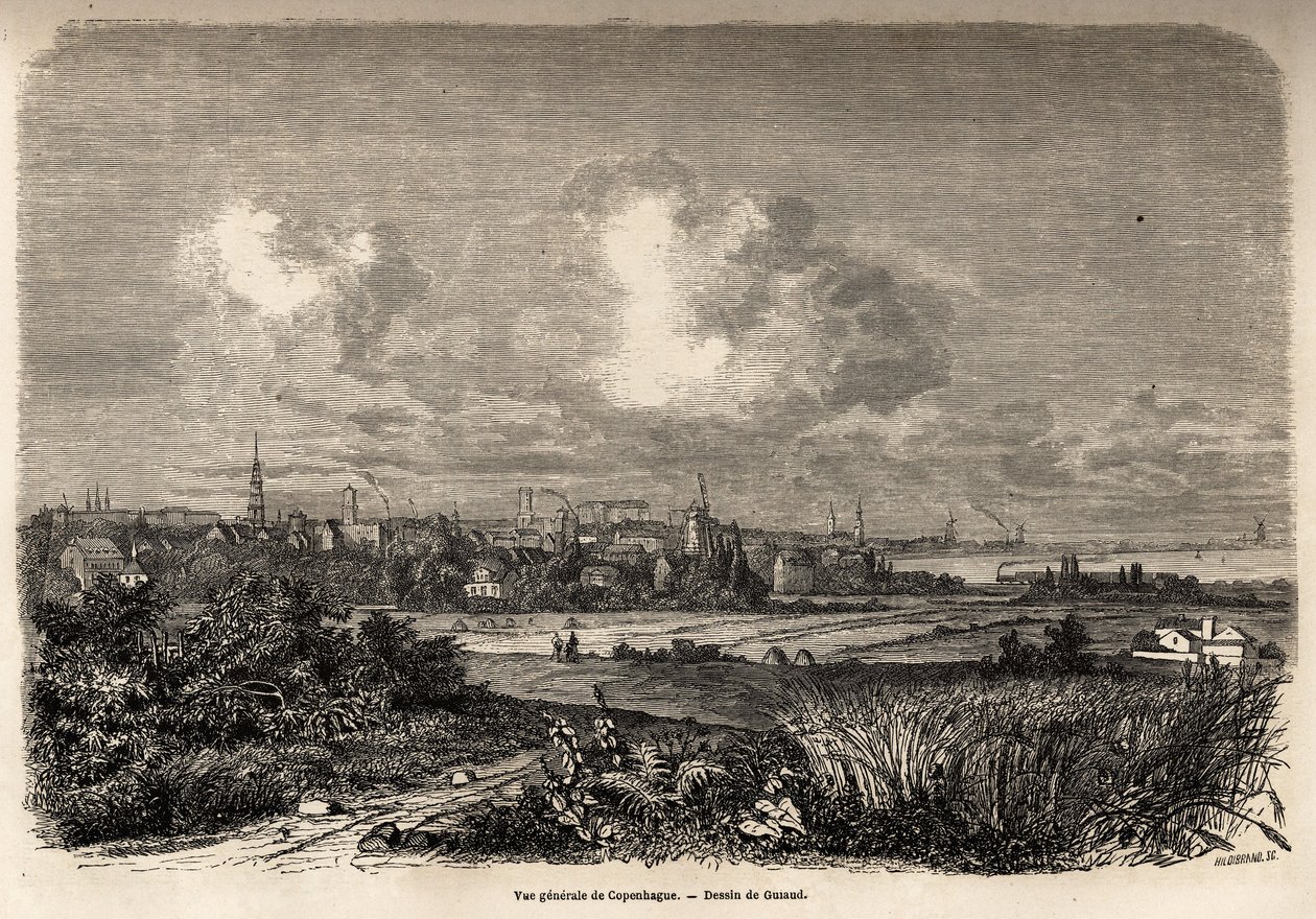 Veduta generale di Copenaghen, disegno di Jacques Guiaud, per illustrare il viaggio di J.M. Dargaud in Danimarca nel 1860. Incisione in "Le tour du monde" da Jacques Guiaud