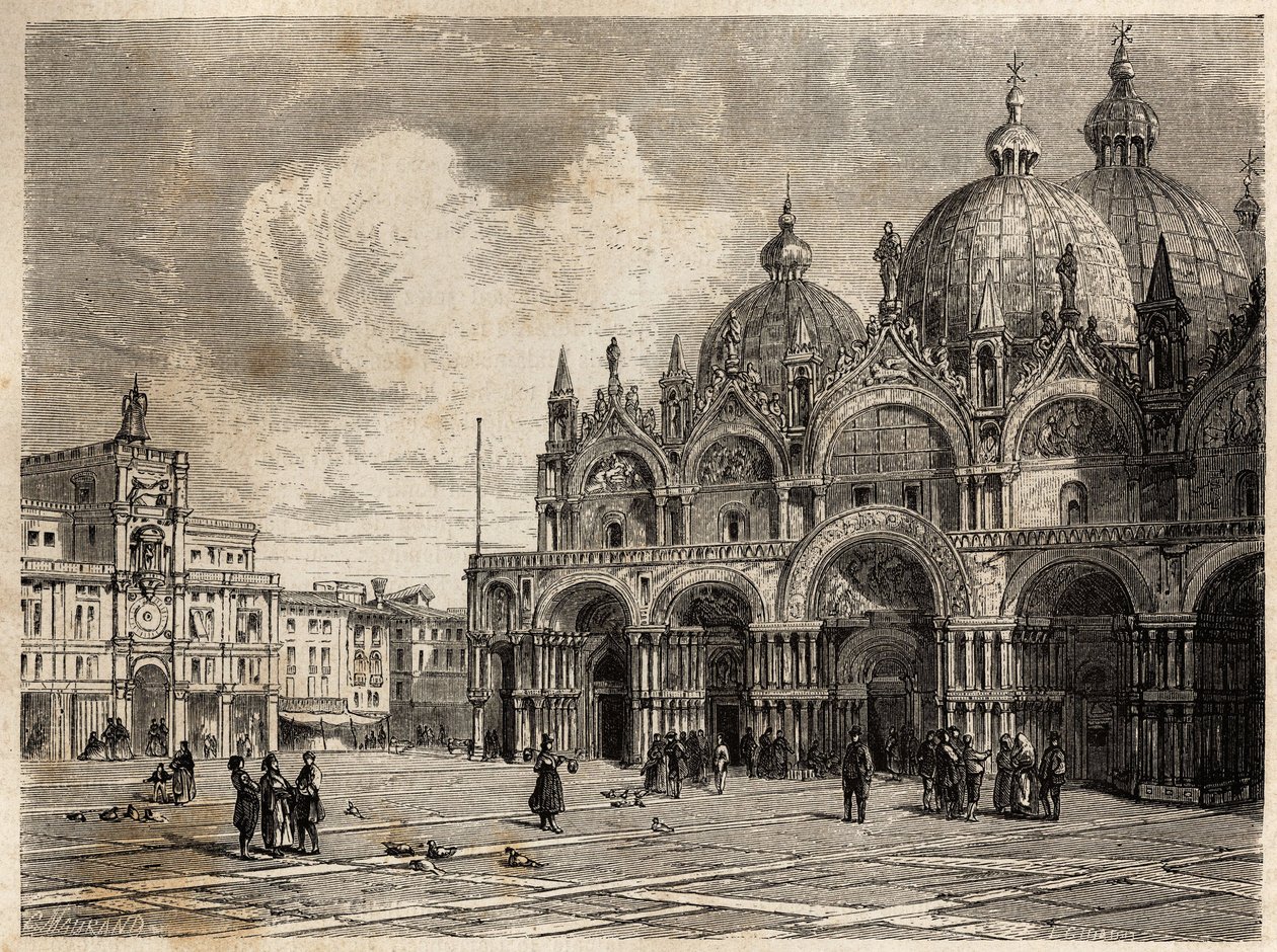 La piazza e la chiesa di San Marco, disegno di Jacques Guiaud (1810-1876), per illustrare il viaggio di Adalbert de Beaumont a Venezia, intorno al 1850. Incisione in "Le tour du monde", a cura di Edouard Charton. da Jacques Guiaud