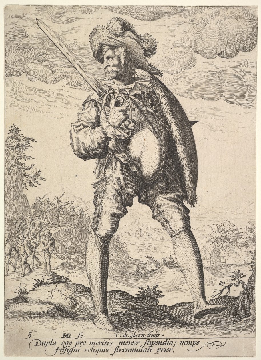 Soldato armato di spada larga e scudo, da Ufficiali e soldati, 1587 da Jacques II de Gheyn