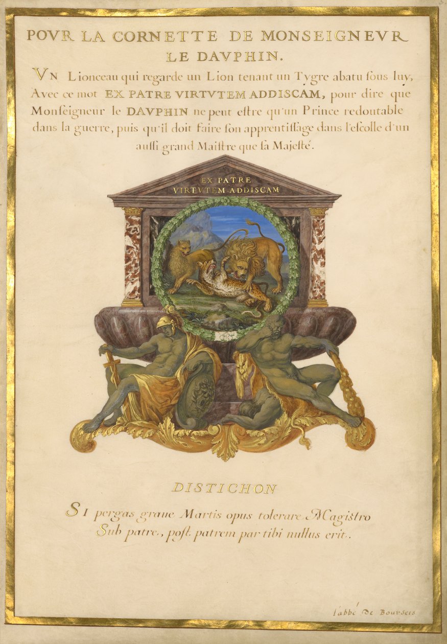 Ms. 11 (4) f.5, Emblema per Luigi XIV, c.1663-68 (guazzo e oro su pergamena) da Jacques I Bailly