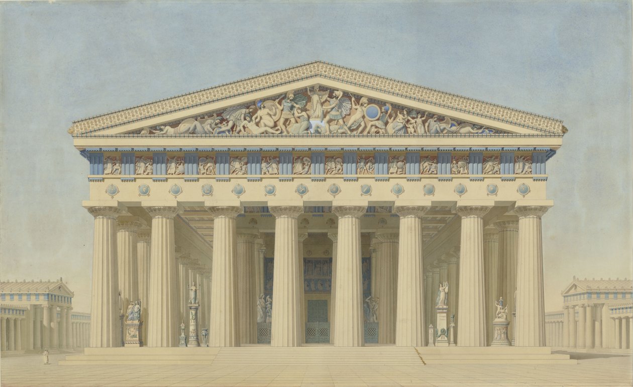 Tempio T di Selinunte (Sicilia), prospetto restaurato della facciata principale da Jacques Ignace Hittorff