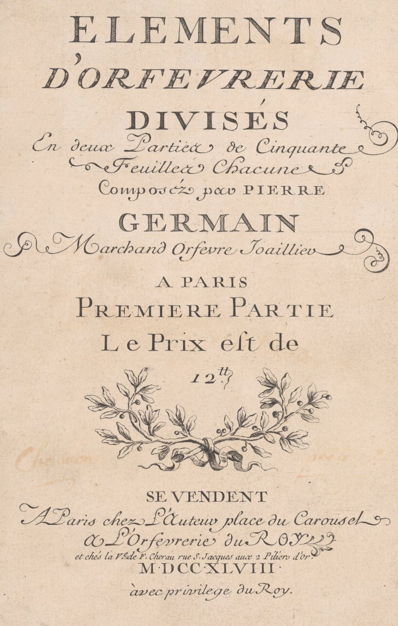 Elementi di oreficeria divisi in due parti di cinquanta fogli, 1748 da Jacques Jean Pasquier