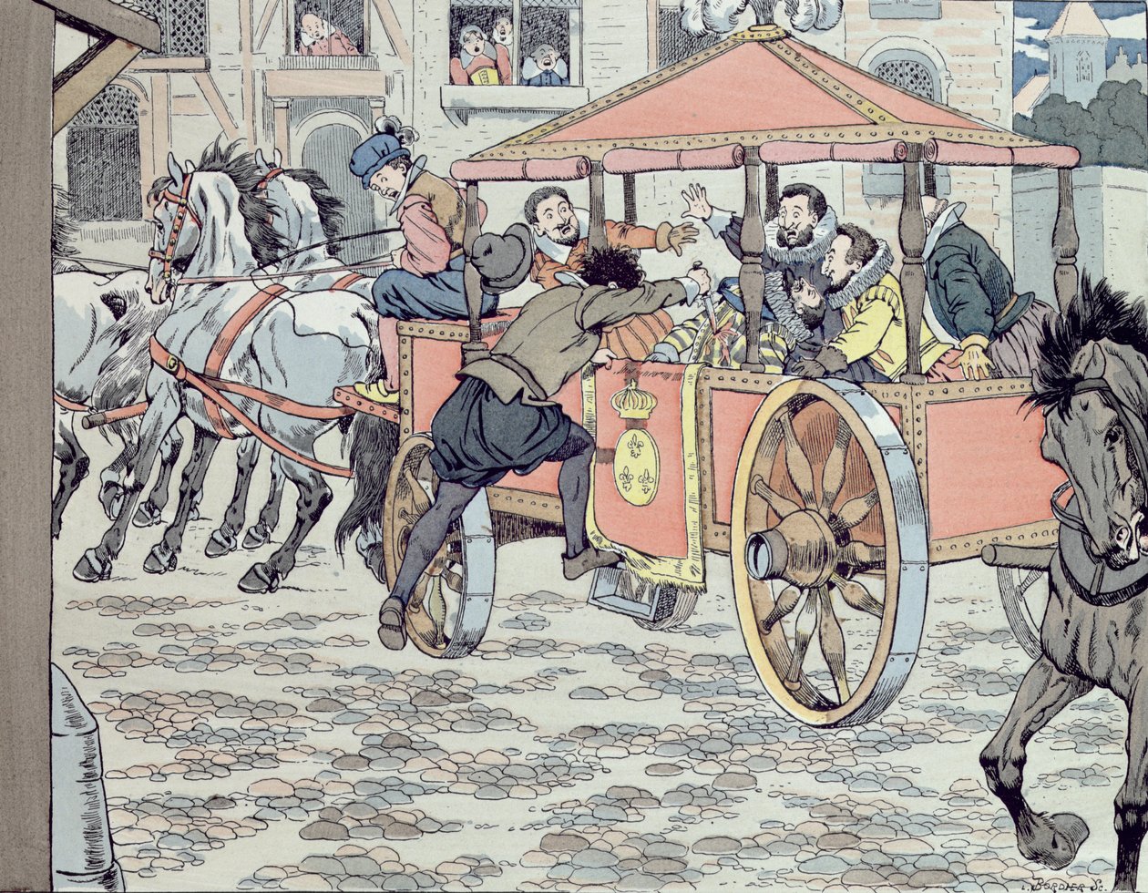 Assassinio di Enrico IV da parte di François Ravaillac nella rue de la Ferronerie il 14 maggio 1610, c.1900 da Jacques Marie Gaston Onfray de Breville (Job)