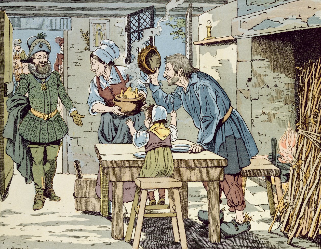 Enrico IV, Re dei Poveri che vuole che tutti i suoi sudditi abbiano un pollo per la cena della domenica, c.1900 da Jacques Marie Gaston Onfray de Breville (Job)