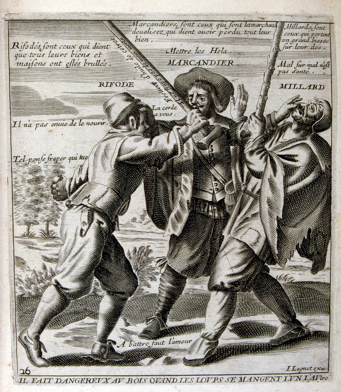 Illustrazione incisa del XVII secolo tratta da una raccolta di proverbi. Parigi 1657-1663. Di Jacques Lagniet (1620-1675). Incisore francese. Da lui provengono molte incisioni socialmente critiche e immagini di scherno, come le sue illustrazioni a volte gr da Jacques Lagniet