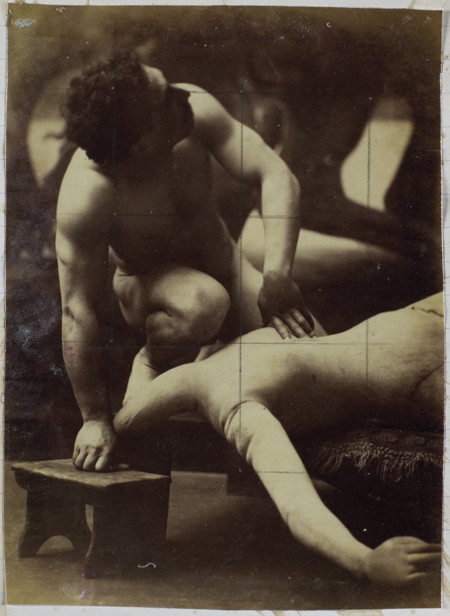 Studio di un modello maschile nudo, lottando con un manichino, nell