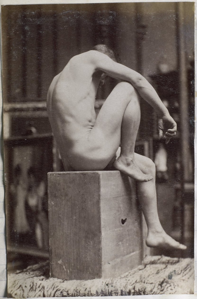 Studio di un modello maschile nudo, seduto e visto di lato, nell