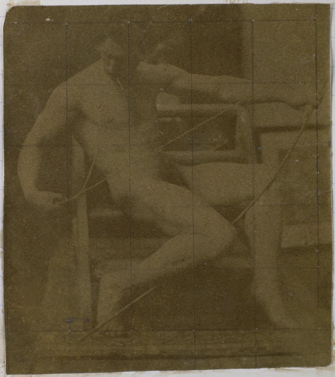 Studio di un modello maschile nudo, seduto su un gradino, visto di fronte con corda e arco in grembo, nell
