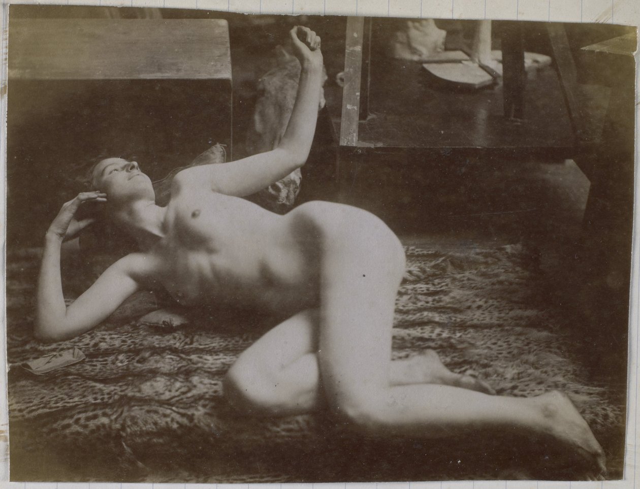 Studio di un modello femminile nudo, sdraiato su una pelle di tigre, nell
