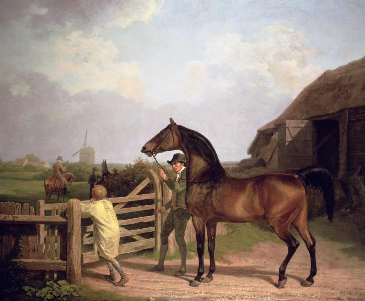 "Bay Ascham", uno stallone condotto attraverso un cancello verso una giumenta da Jacques Laurent Agasse