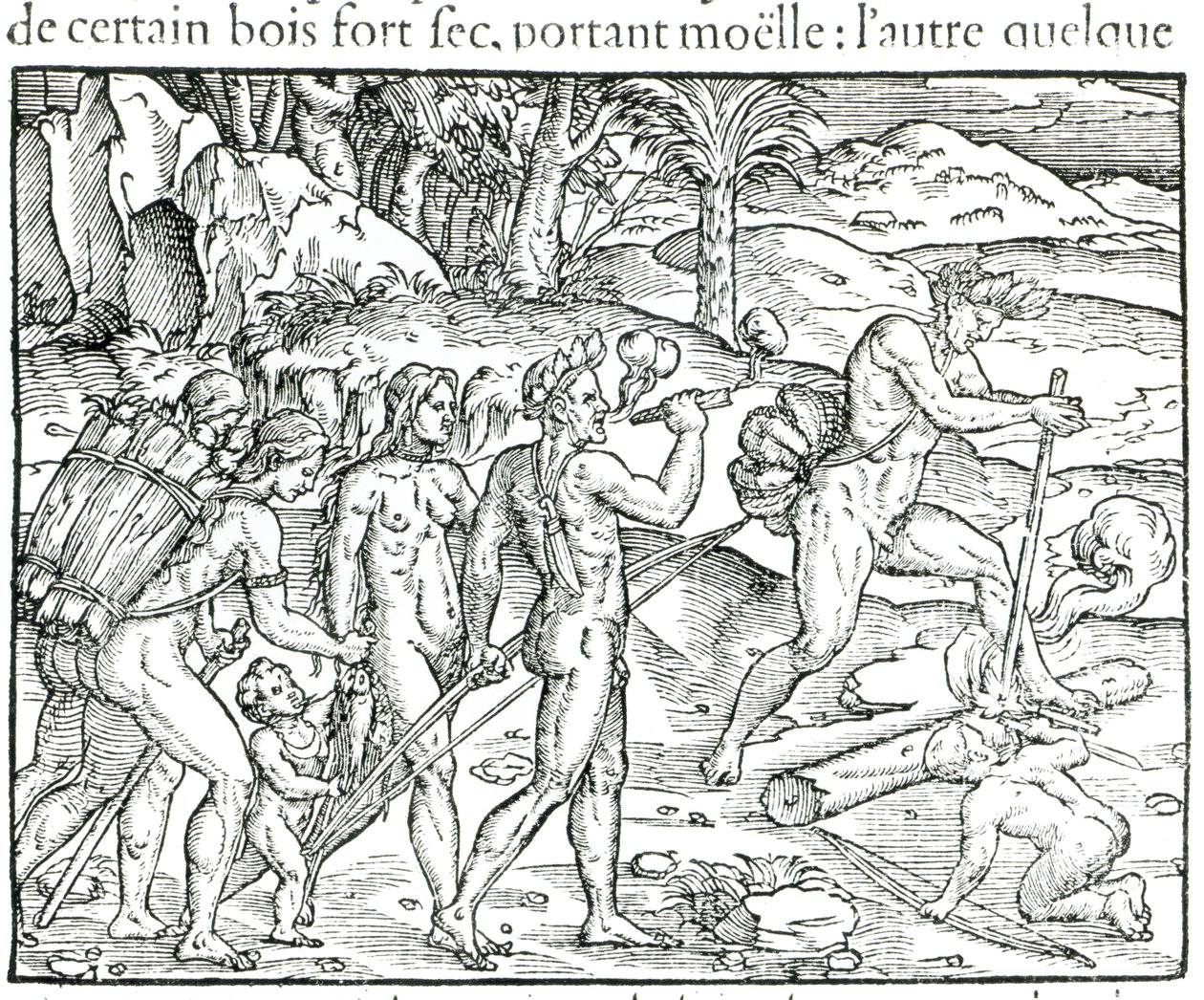 Nativo americano che accende il fuoco dopo la caccia, incisione di Theodor de Bry (1525-75) da Jacques Le Moyne