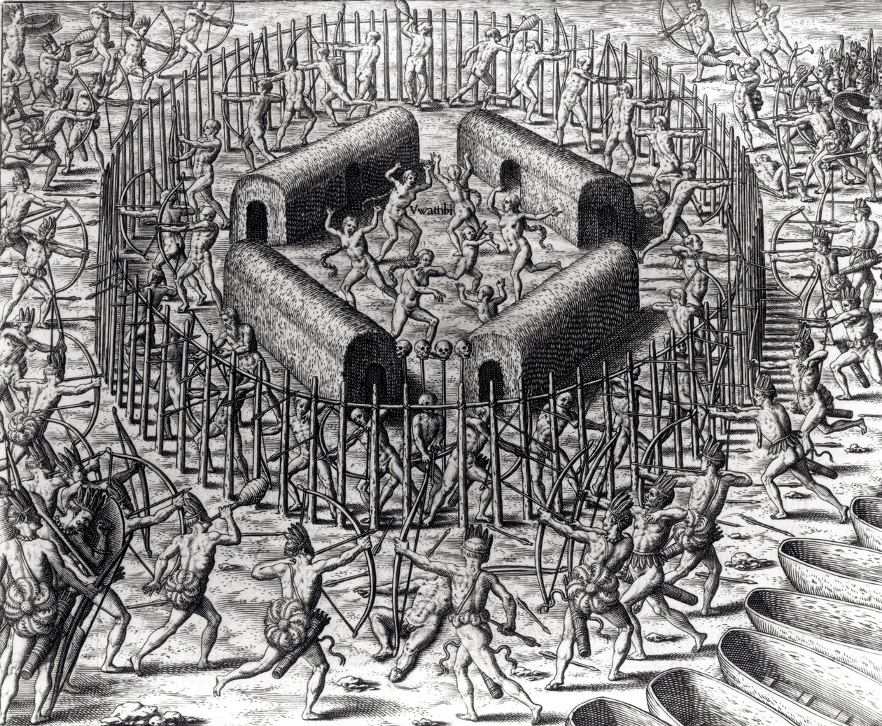 Johannes Staden aiuta a difendere gli indiani che lo catturarono contro i Tuppin Tkins, inciso da Theodore de Bry (1528-98), da 