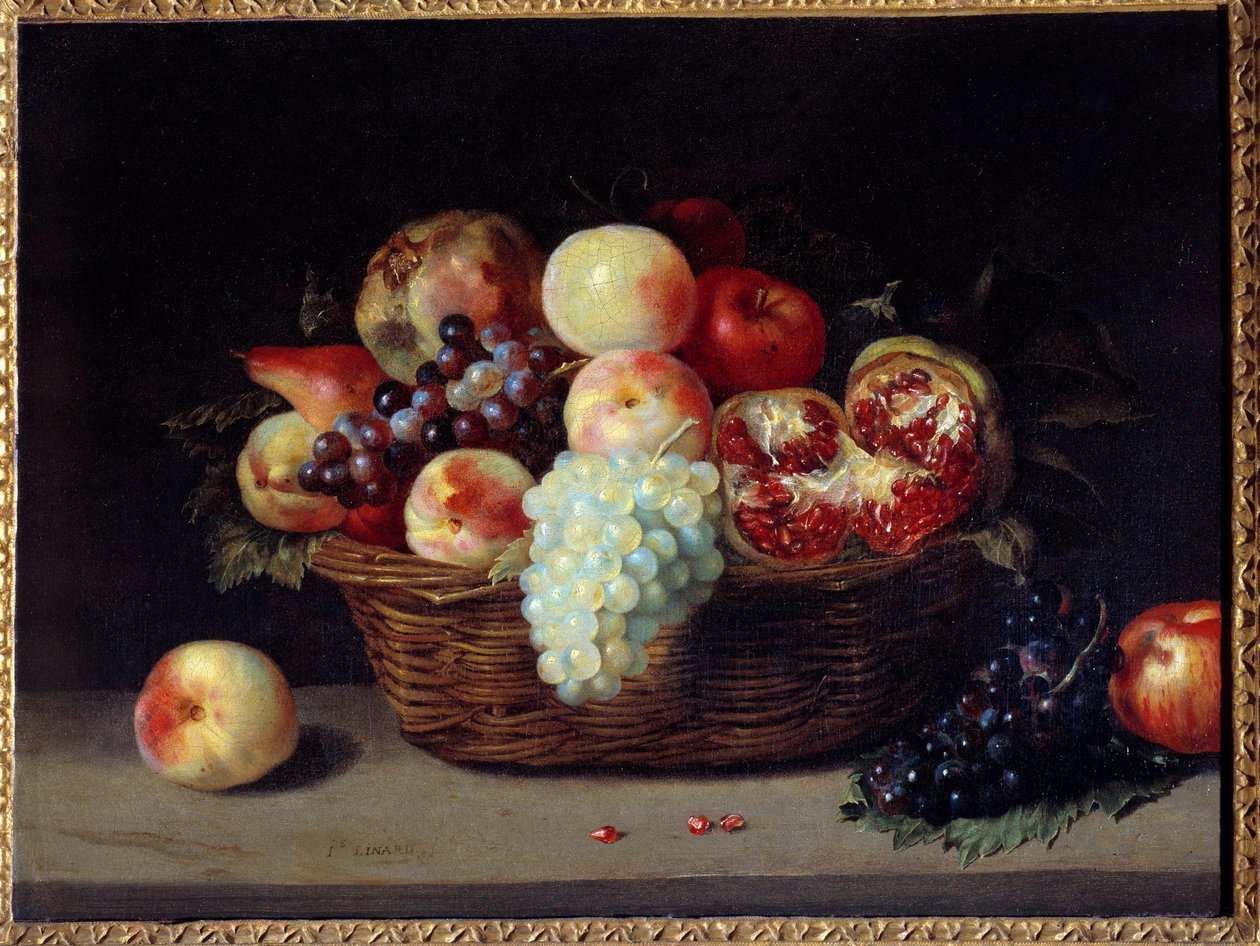 Cesto di melograni, pesche e uva da Jacques Linard