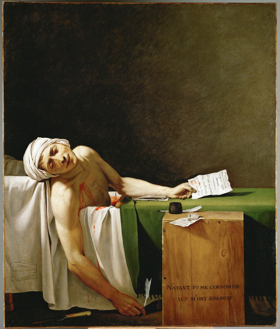 Jean Paul Marat, politico e pubblicista, morto nella sua vasca da bagno, assassinato da Charlotte Corday in ... da Jacques Louis David