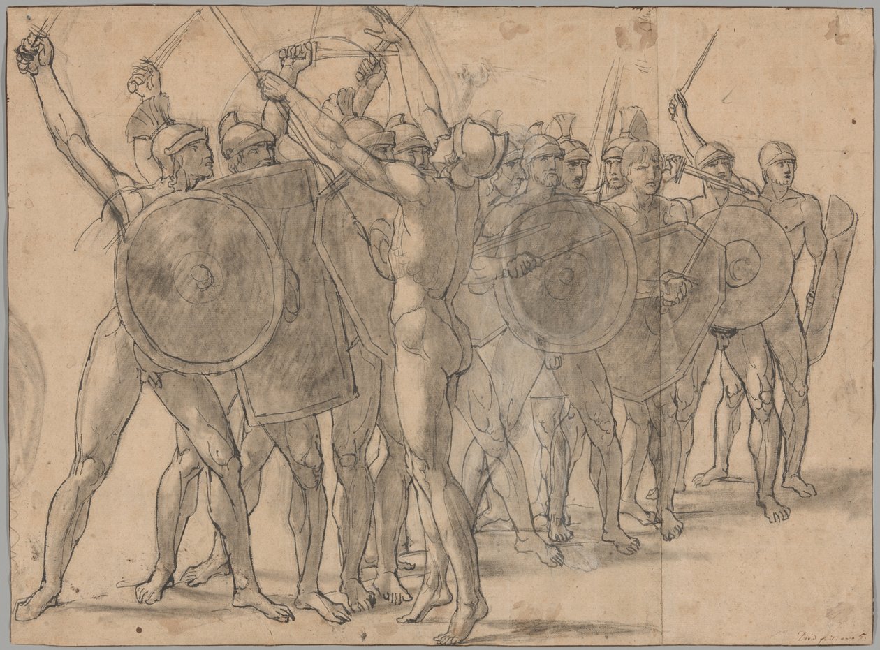 Soldati nudi che gesticolano con le loro armi (recto); Due studi di drappeggio per la figura di Tazio (verso) da Jacques Louis David