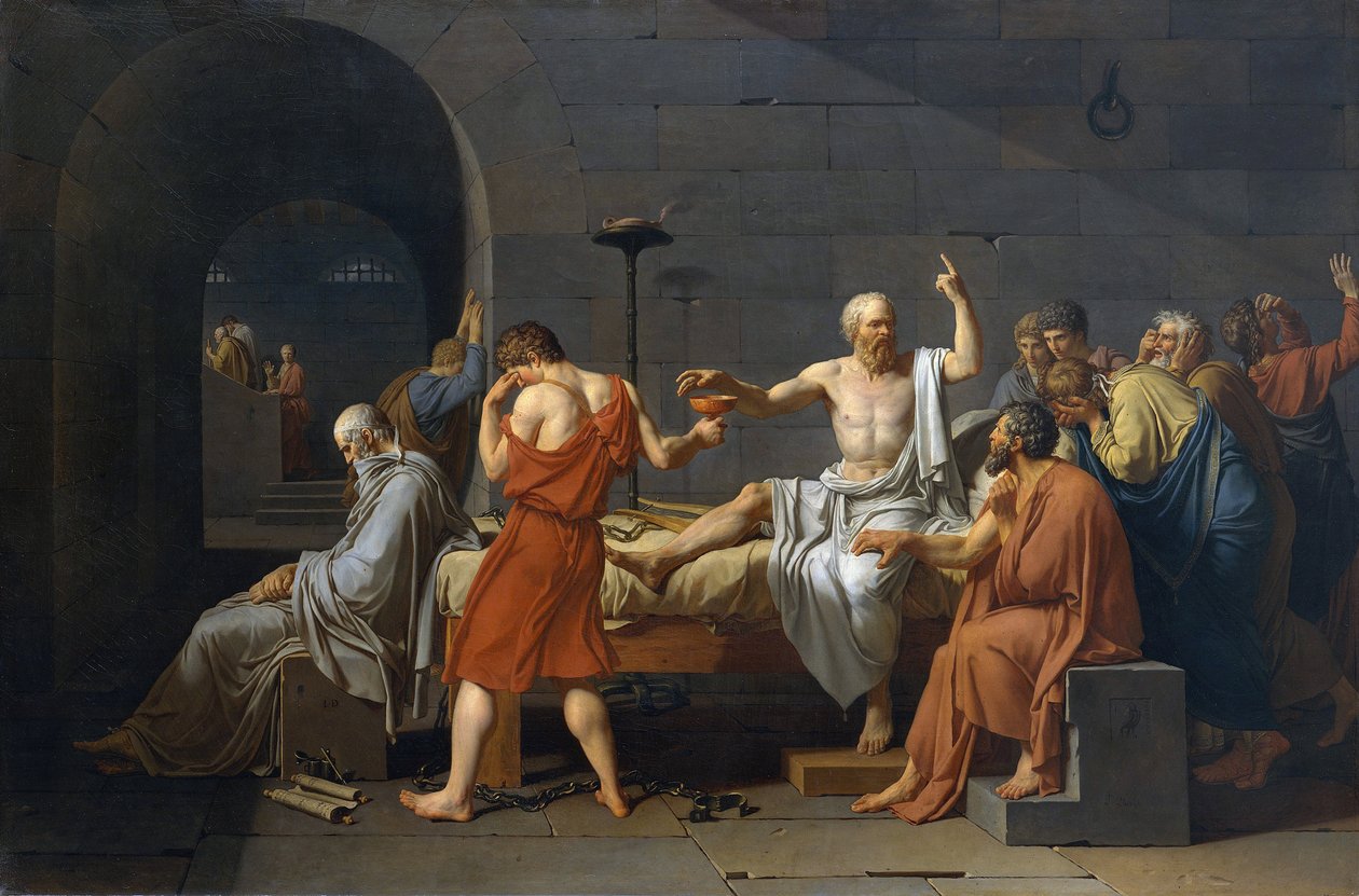 Suicidio di Socrate, antico filosofo greco (V secolo a.C.) costretto a bere cicuta dopo essere stato accusato di empietà e corruzione della gioventù da Jacques Louis David