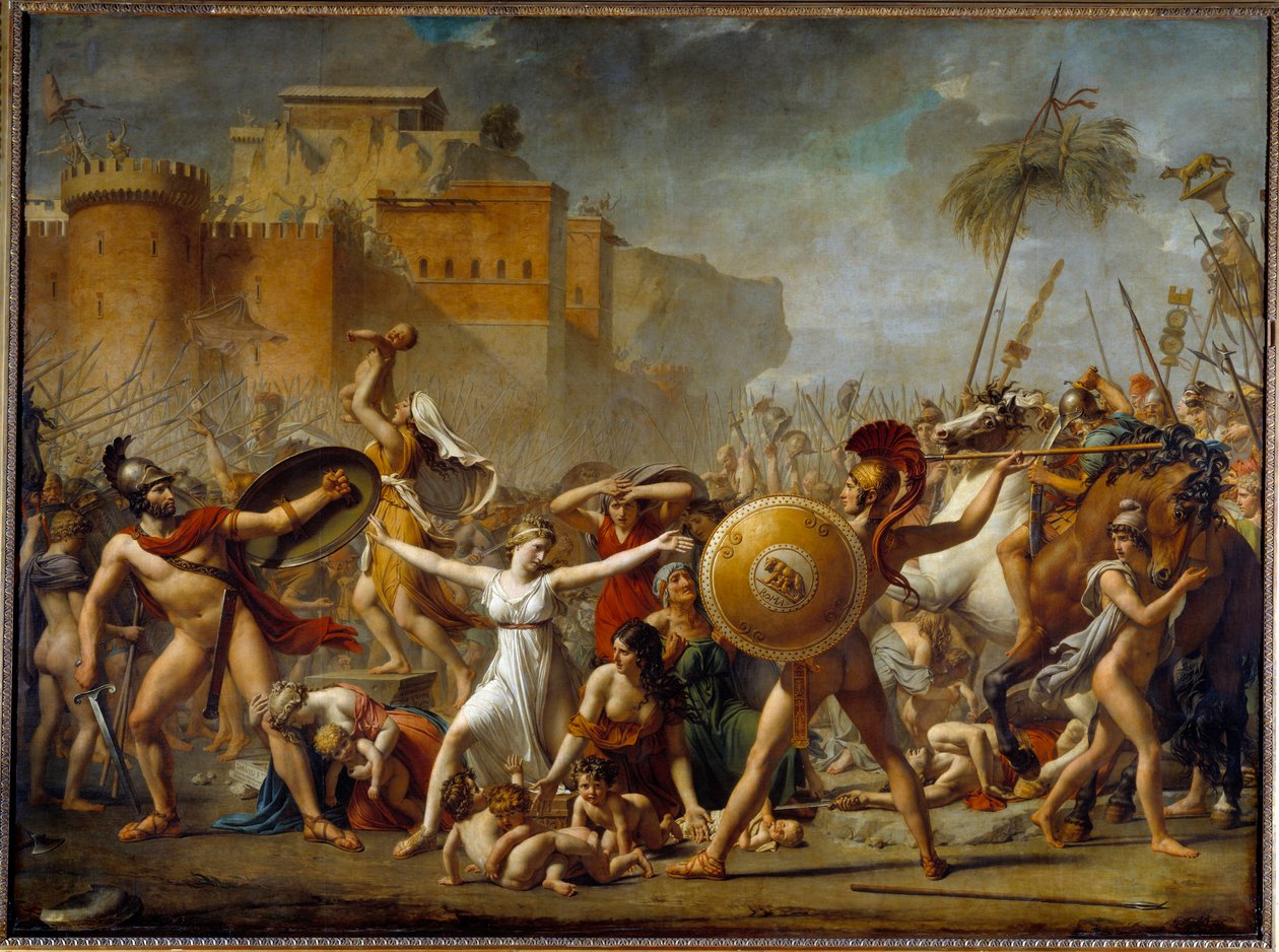 Le Sabine che intercedono tra i loro mariti romani (a destra) e i loro fratelli sabini (a sinistra) mostrando loro i figli da Jacques Louis David