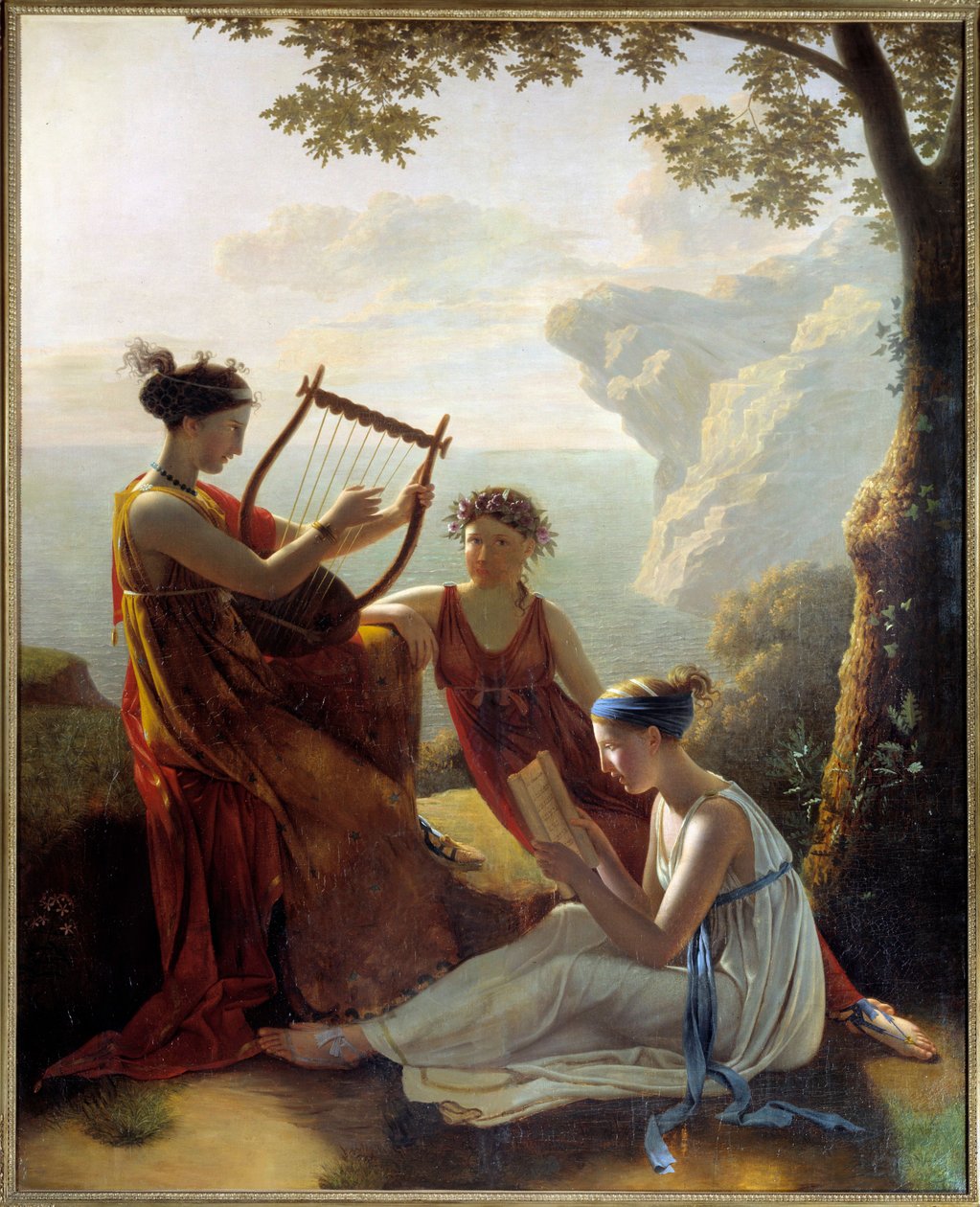 La poetessa greca Saffo suona la lira con due delle sue compagne da Jacques Louis Michel Grandin