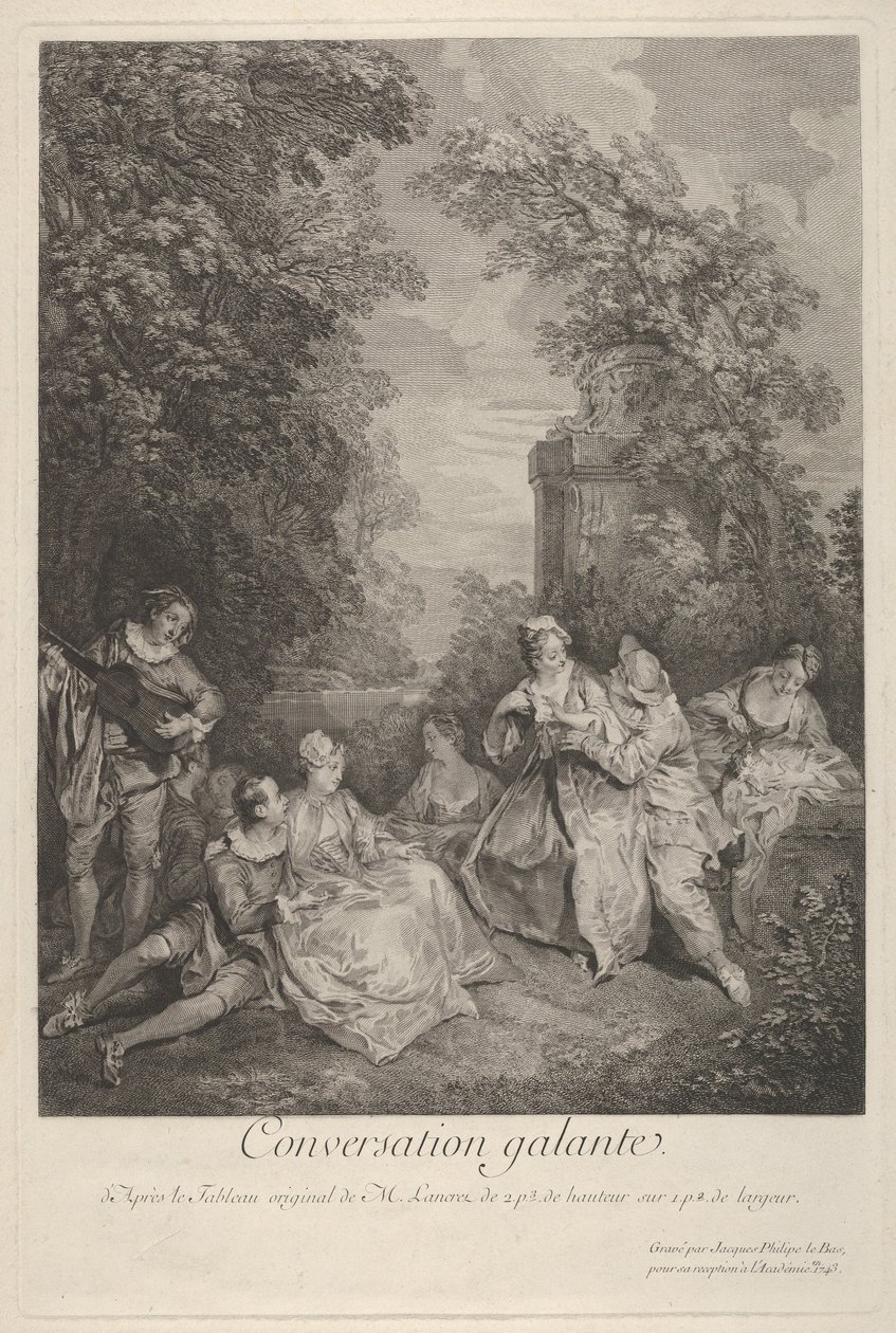 Conversazione galante: coppie che conversano in un giardino, 1743 da Jacques Philippe Le Bas