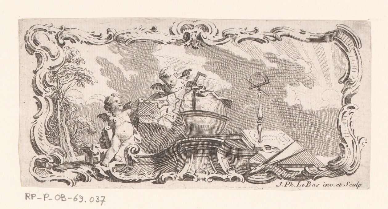 Vignetta con due putti con mappa, globo e strumenti di misurazione da Jacques Philippe Le Bas