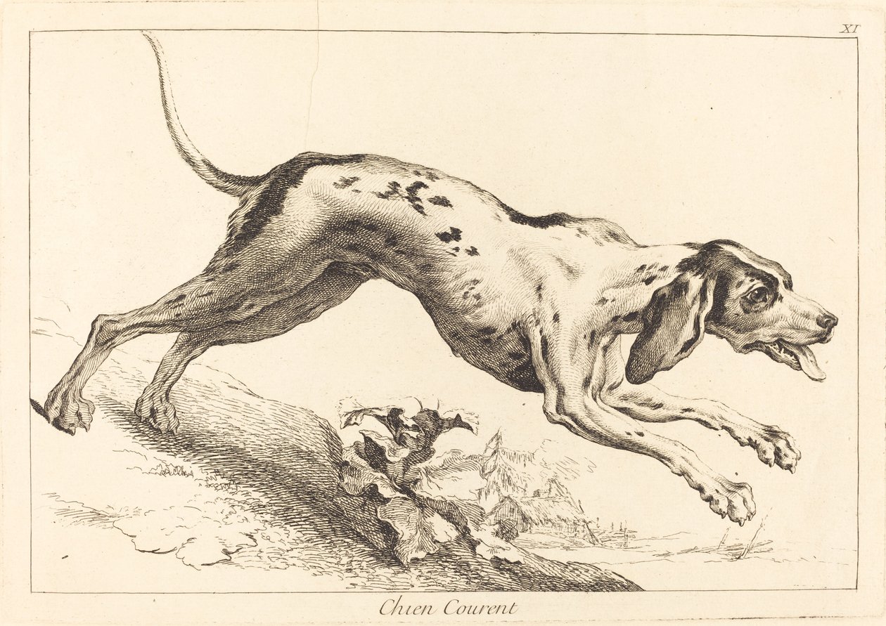 Cane che corre da Jacques Philippe Le Bas and Jean Eric Rehn after Jean Baptiste Oudry