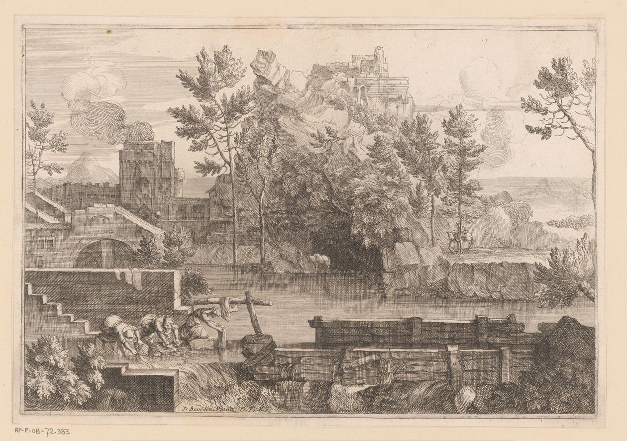 Paesaggio con lago e tre donne che lavano da Jacques Prou