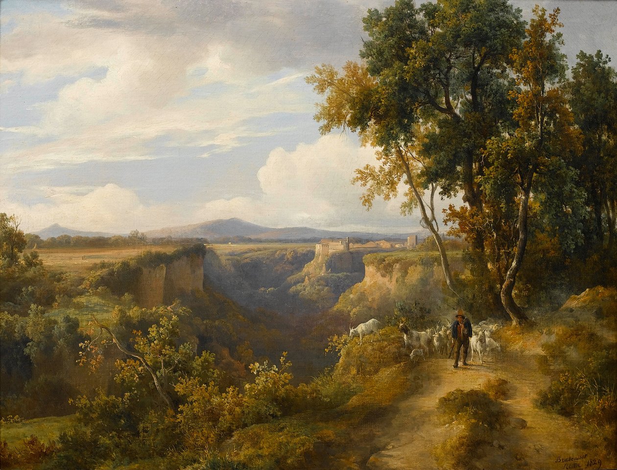 Un capraio e il suo gregge in un paesaggio all