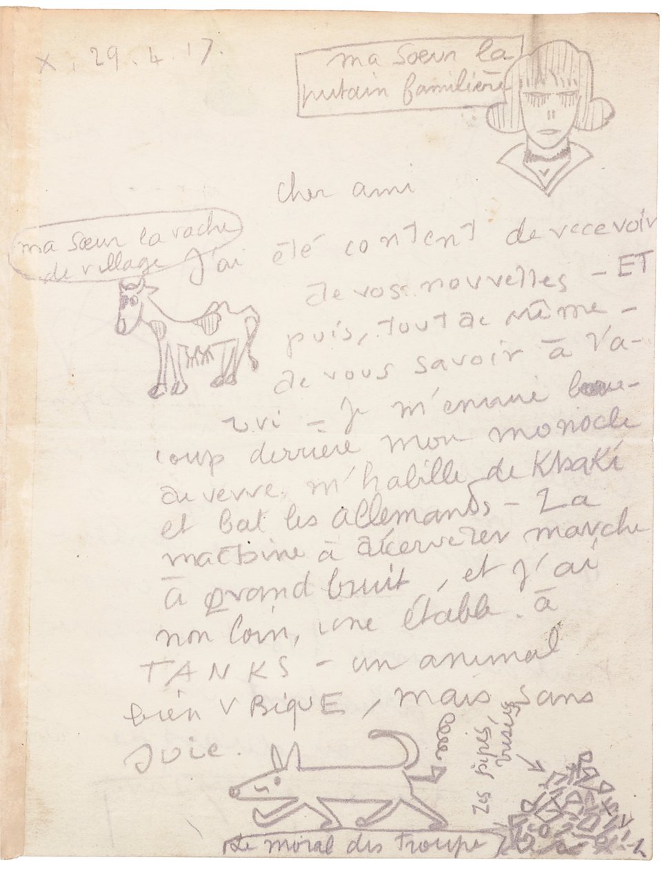 Lettera autografa con disegni da Jacques Vache