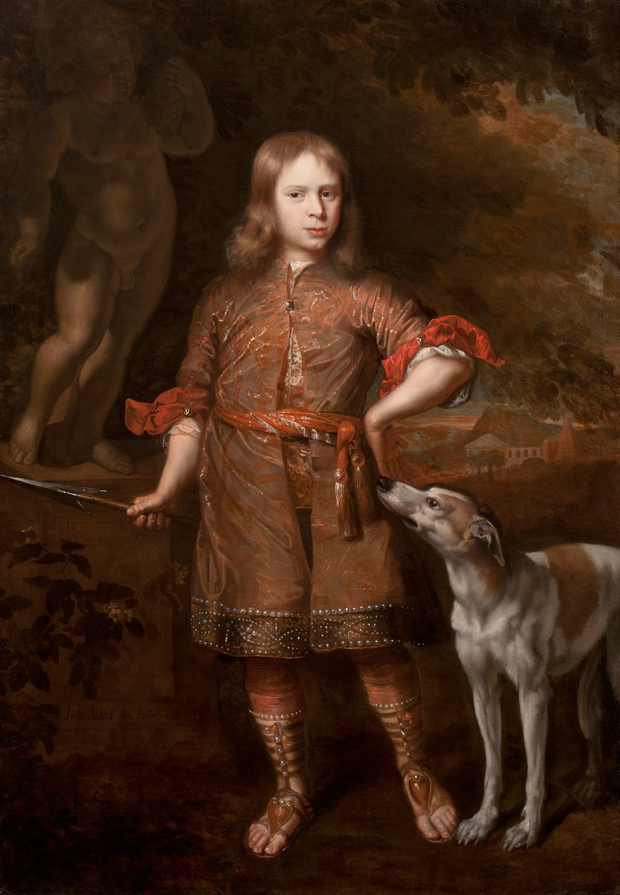 Ritratto di un ragazzo come cacciatore con una lancia da cinghiale e un levriero, metà degli anni 1670 da Jacques Vaillant