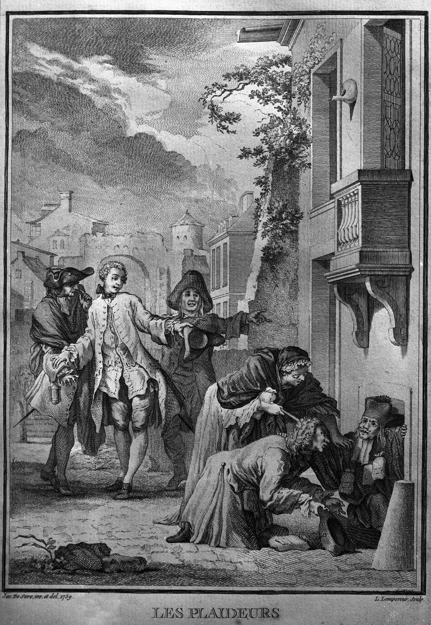 Les Plaideurs - Illustrazione di Jacques de Sève per le opere di Jean Racine (1639-1699), poeta tragico francese. incisione del 1760 da Jacques de (after) Seve