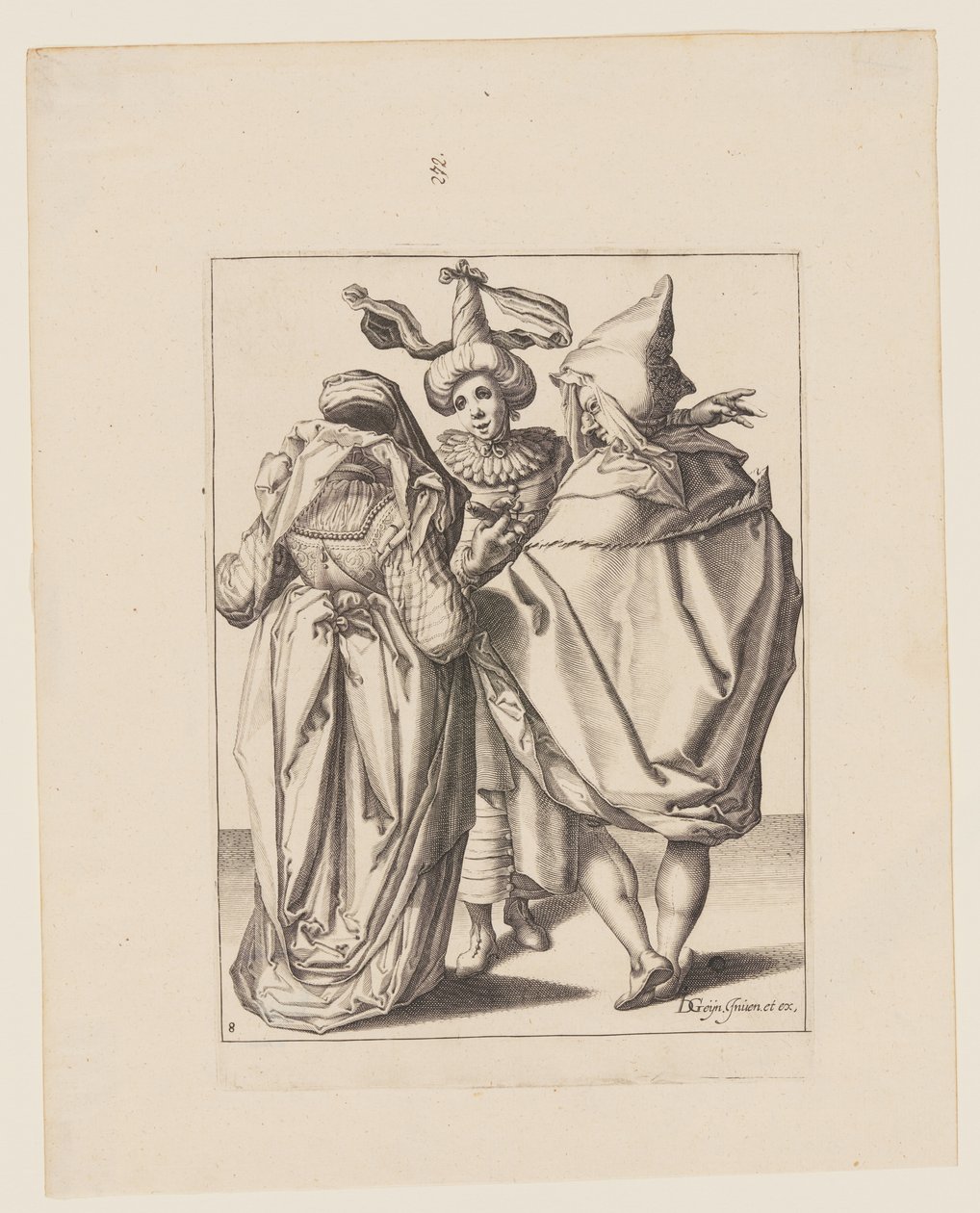Una coppia che si rivolge a un giovane gesticolante, da Le mascherate da Jacques de Gheyn II