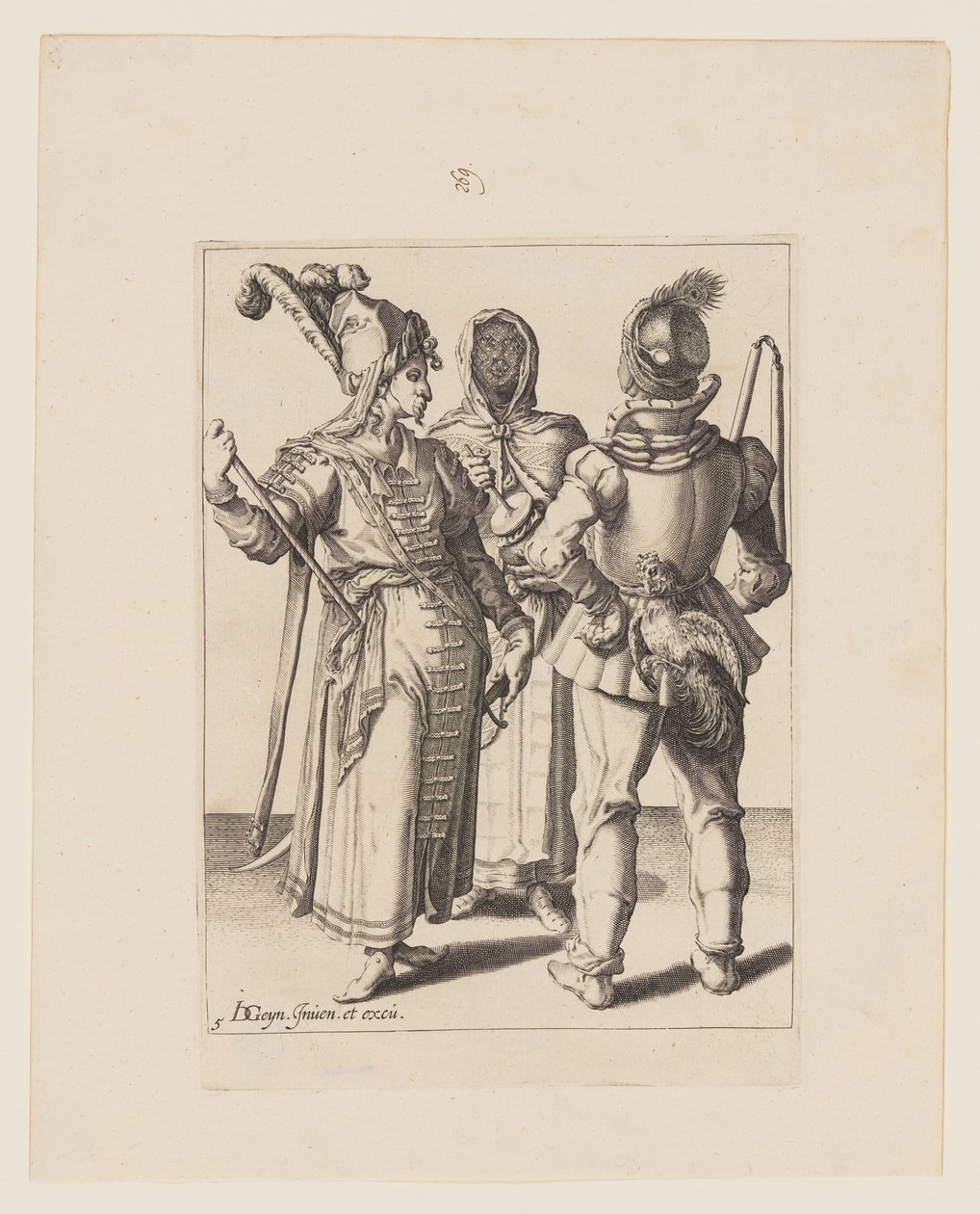 Un Granduca in abito orientale, un uomo con un cazzo attaccato alla cintura e una donna velata che suona la pentola, da Le mascherate da Jacques de Gheyn II