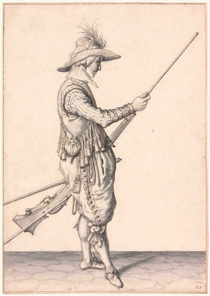 Un soldato che carica un moschetto, "Ramme in Your Pouder" (Ramme nella tua tasca) da Jacques de Gheyn II