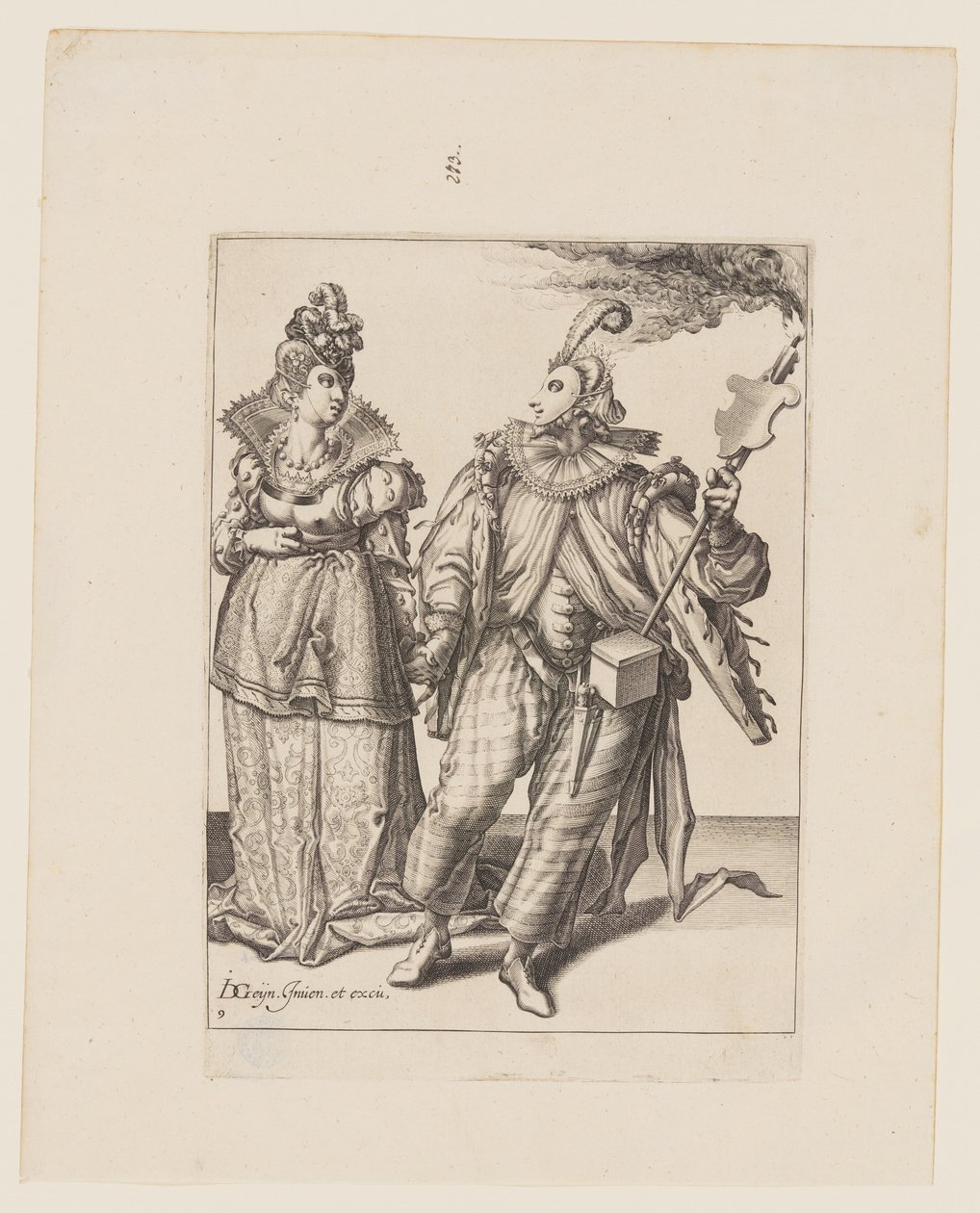 Una donna guidata da un suonatore che tiene una torcia, da Le mascherate da Jacques de Gheyn II