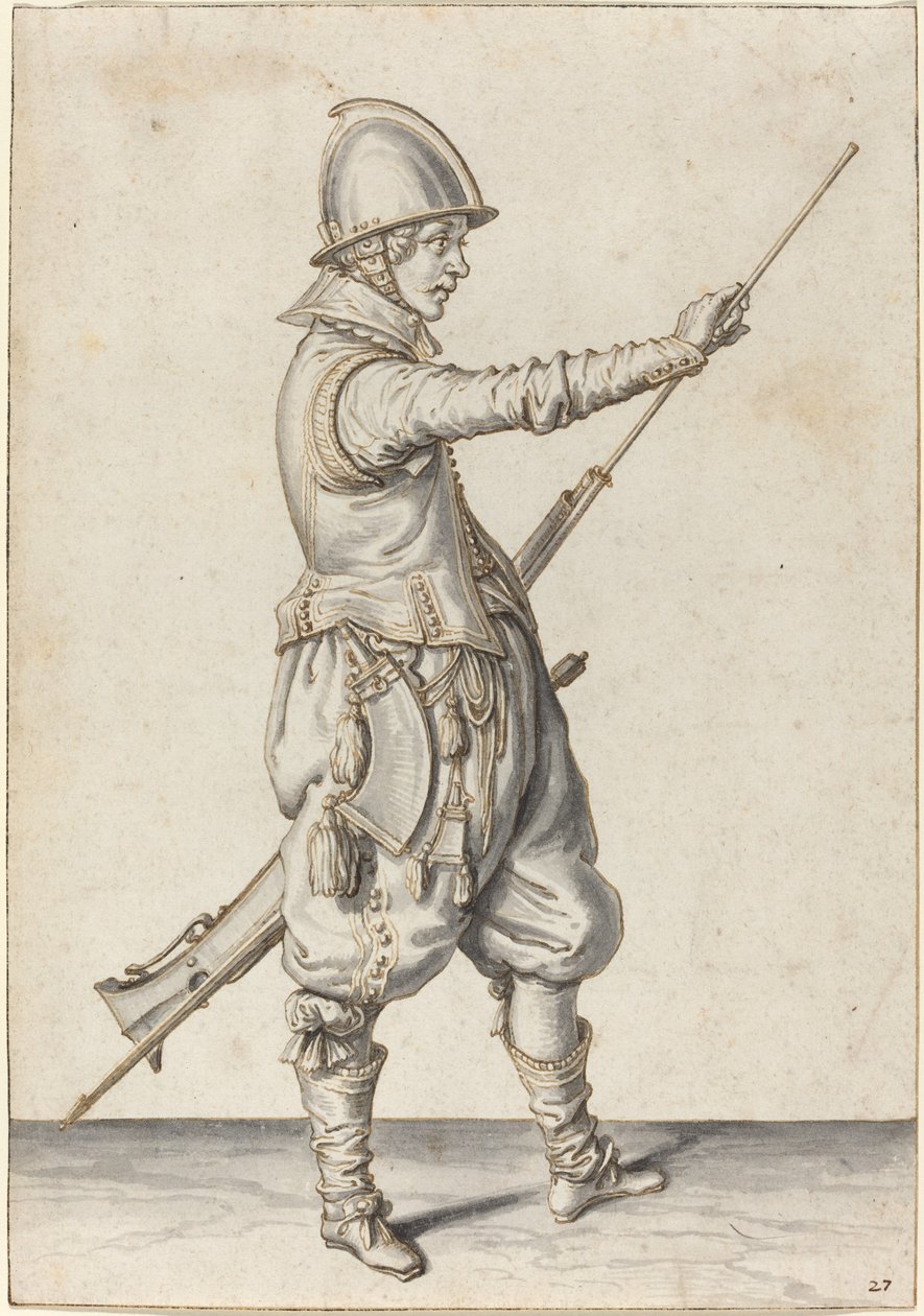 Soldato elegantemente vestito che tampona il suo caliver da Jacques de Gheyn II