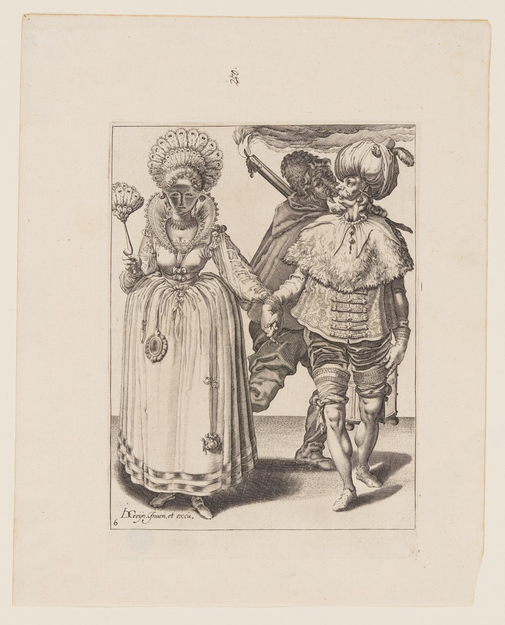 Uomo con turbante che guida una donna che indossa piume di pavone, dietro di loro un tedoforo, da Le mascherate da Jacques de Gheyn II